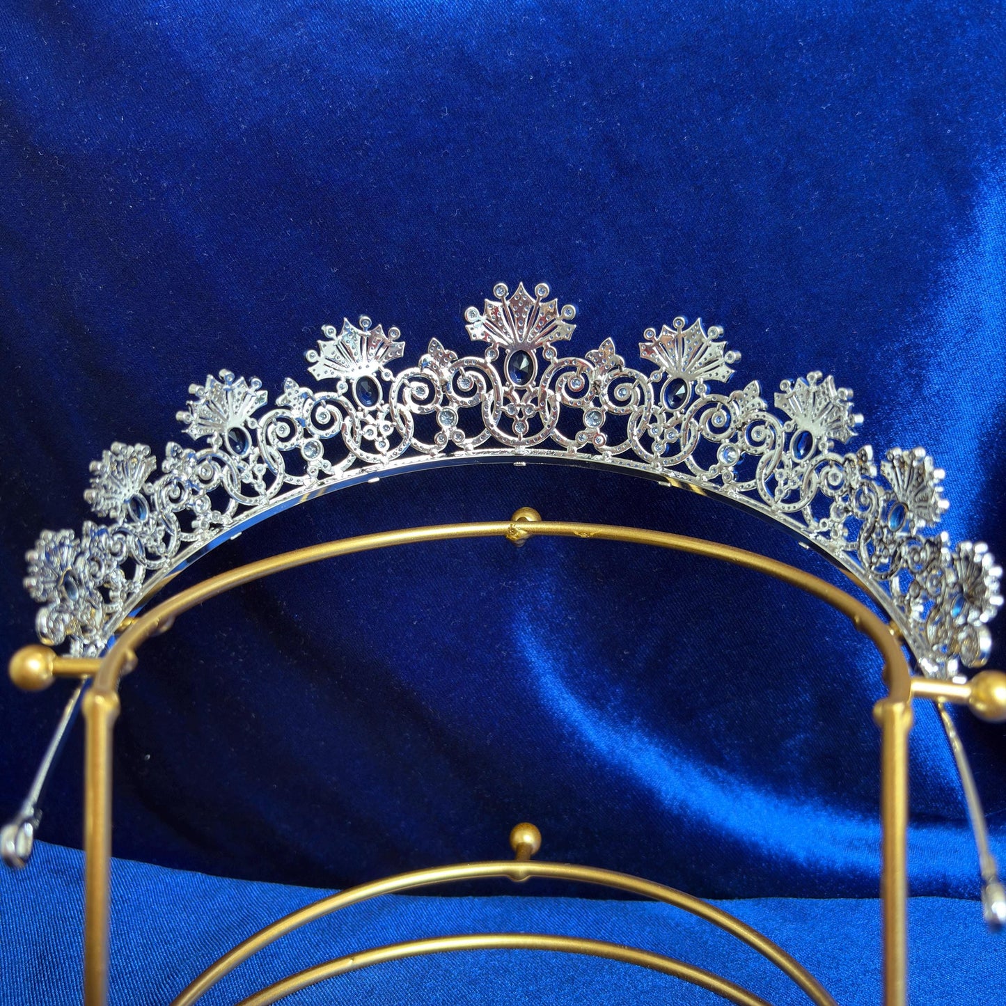 Something Blue Wedding Crown Bridal Empress Feodorovna Sapphire Tiara Russian CZ Simulated Diamond Royal Diadem Vintage Art Deco Queen Style