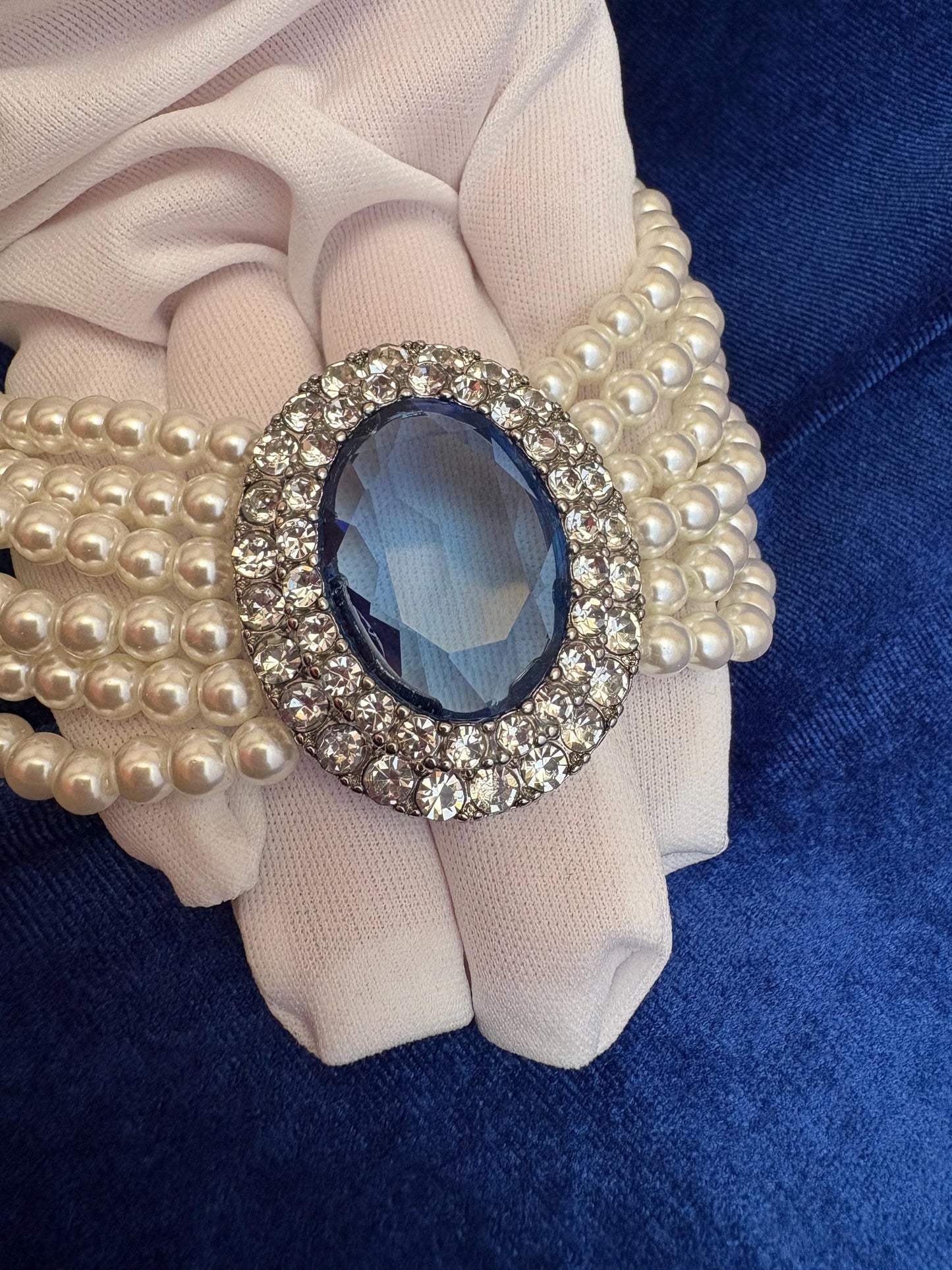 Something Blue Glass Pearl Choker Sapphire Royal Blue Multi 6 Strands Glass Pearl Choker Full Cubic Zirconia Bridal Wedding Pearl Necklace