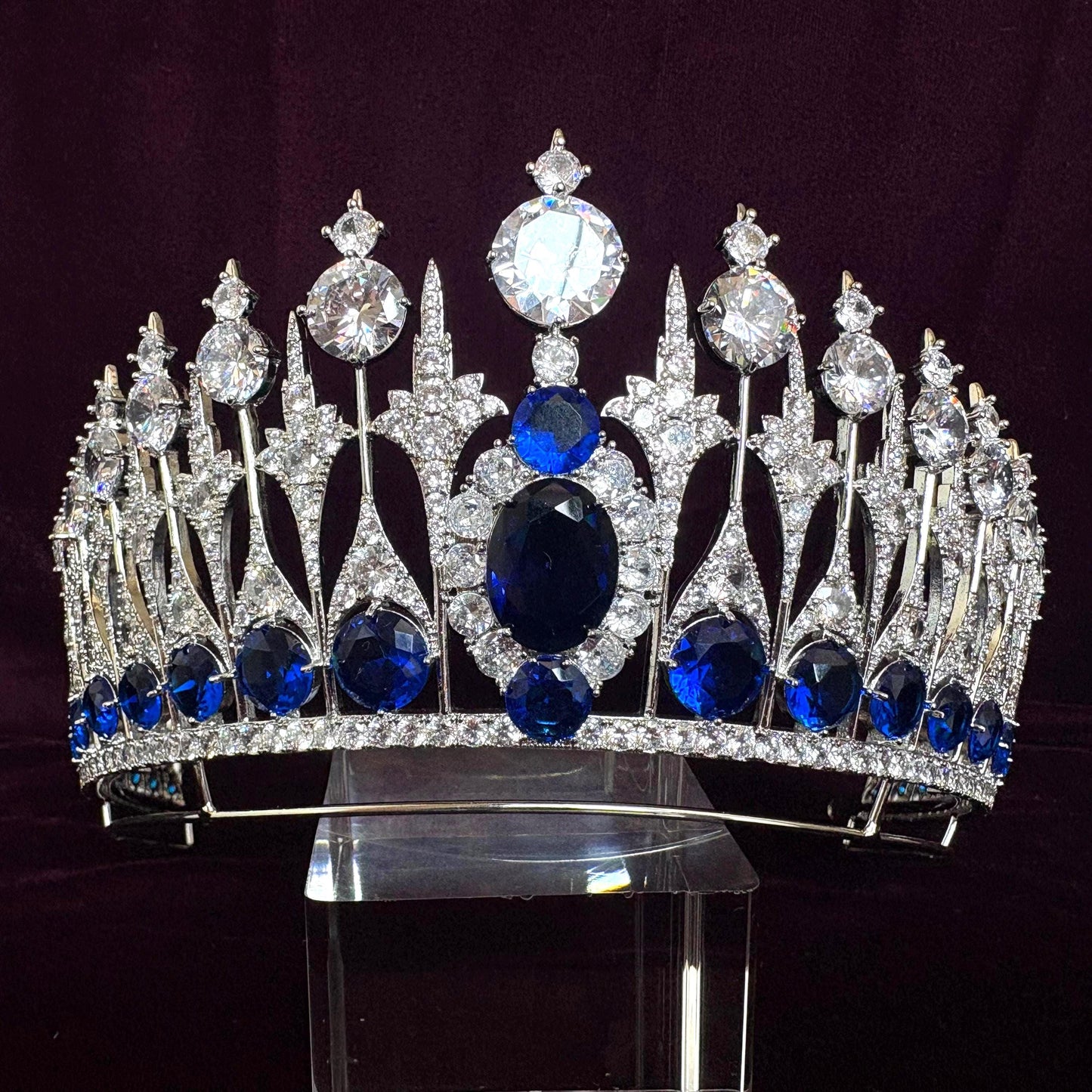 Something Blue Wedding Crown Sapphire Royal Deep Blue Silver Gemstone Statement High Bridal Tiara Large Prom Big Peagent Tiara Full Diadem