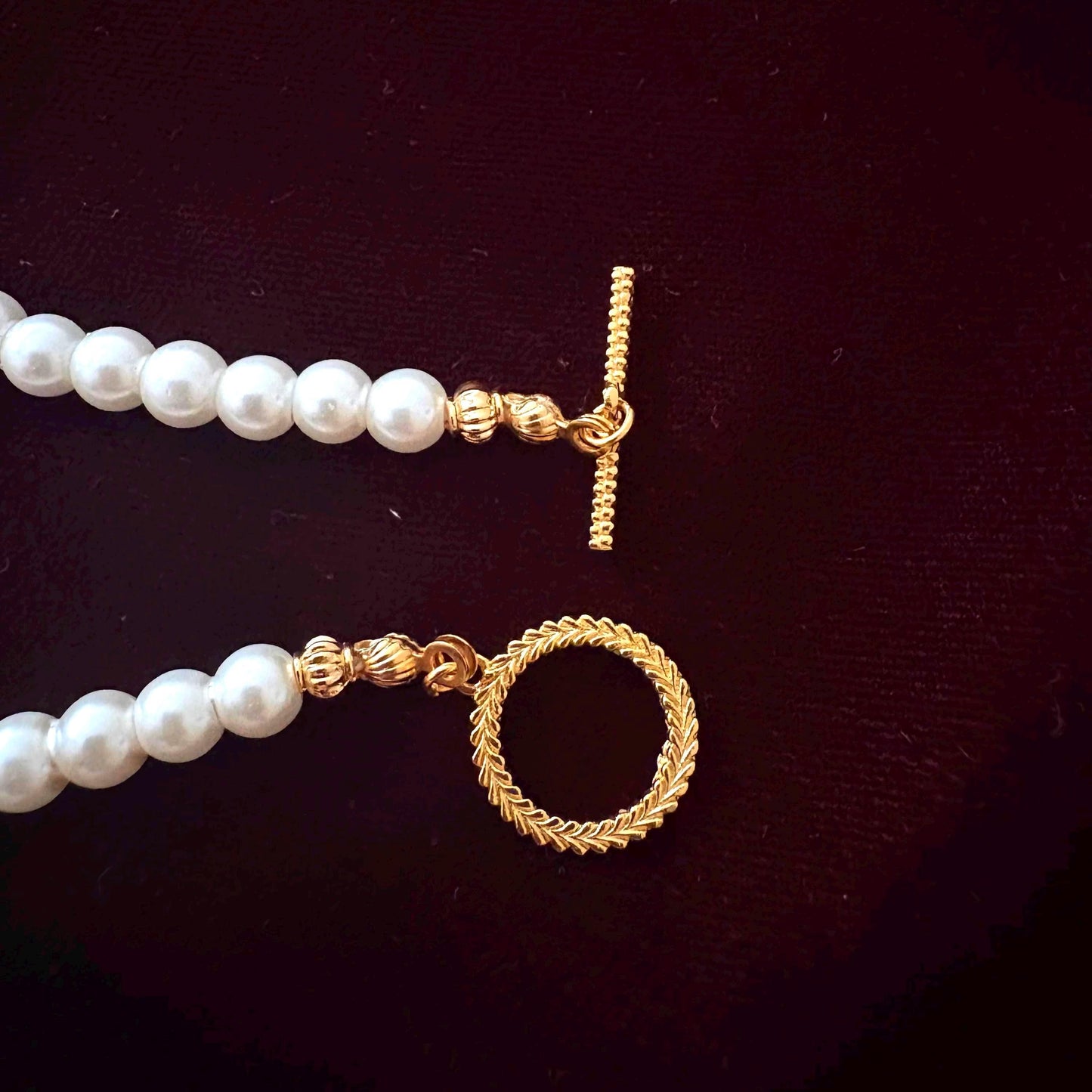 Double Strand Pearl Necklace wth Gold Beads 24K Gold Plated T-Clasp Luxury White Glass Pearls Necklace Vintage Style Two Toned Necklace