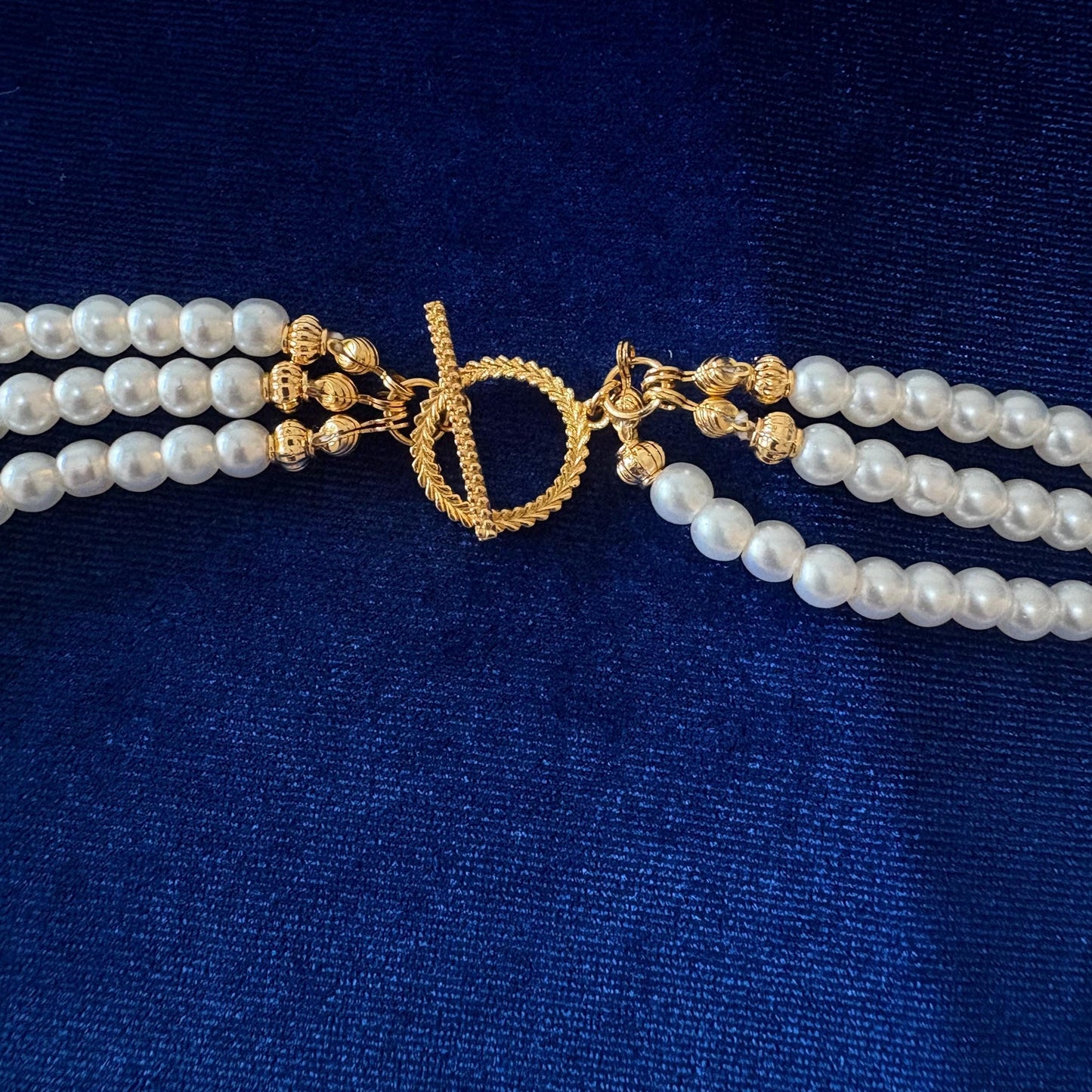 3 Strand Long White Majorica Pearls Necklace with Gold Details and Tassel - Classic Style & Handmade