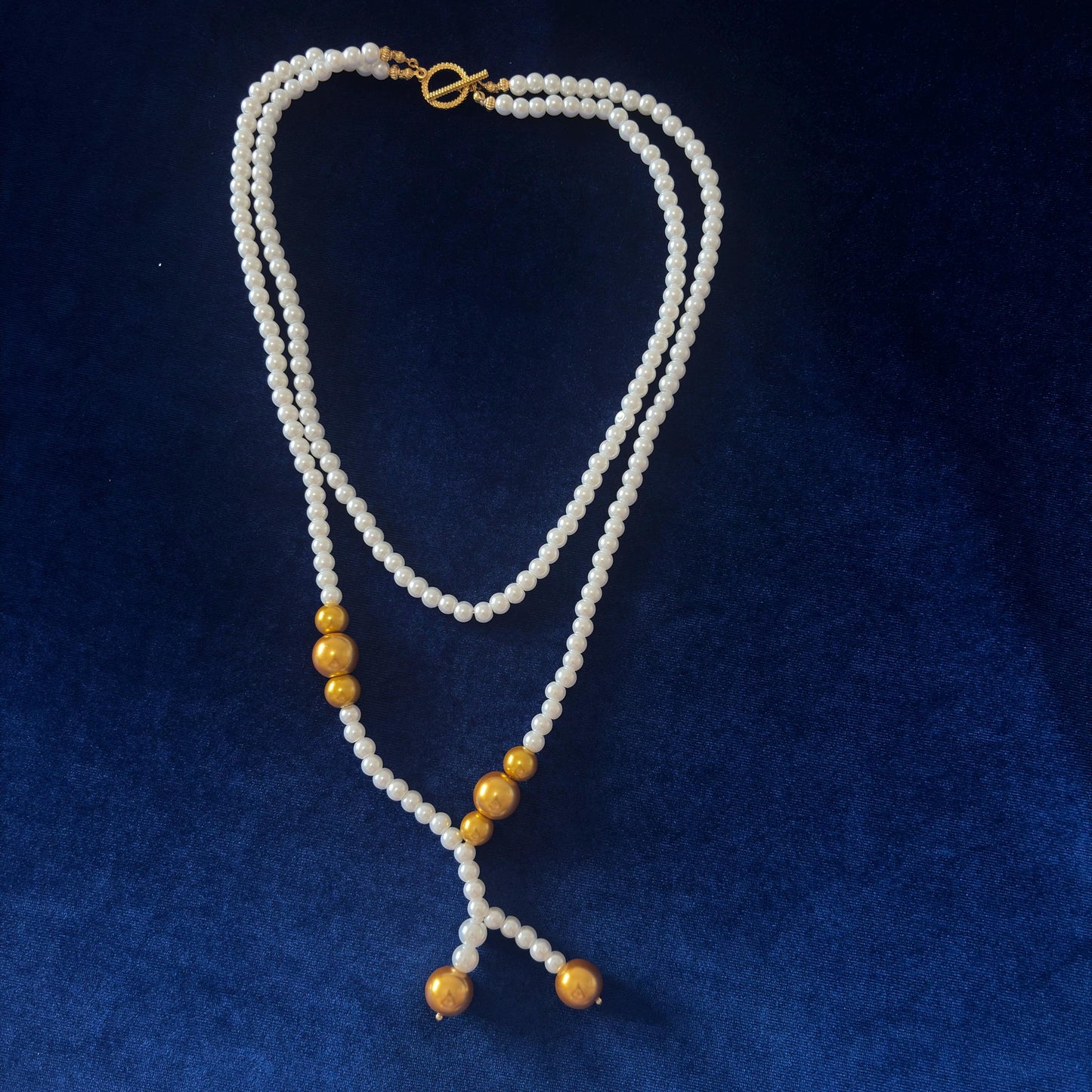 Gold Detailed White Glass Pearl Necklace 2 Strand with Classic Vintage Style