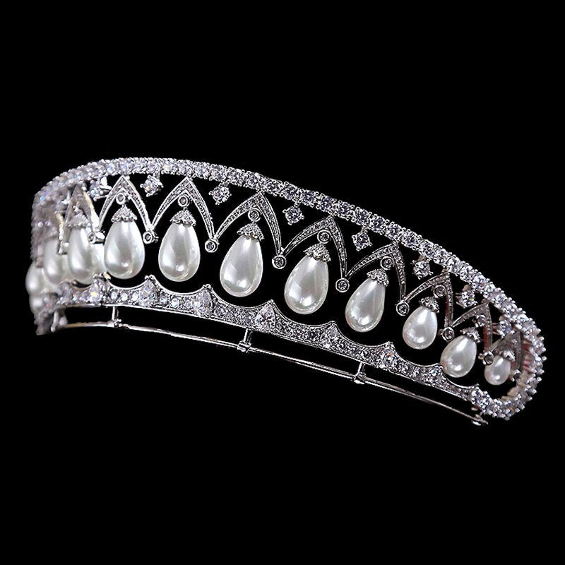 Empress Alexandra Feodorovna's Drop Pearl Tiara Royal Jewel Bridal Tiara Wedding Headpiece - Luxury Bridal Handmade Tiaras 5A Cubic Zirconia