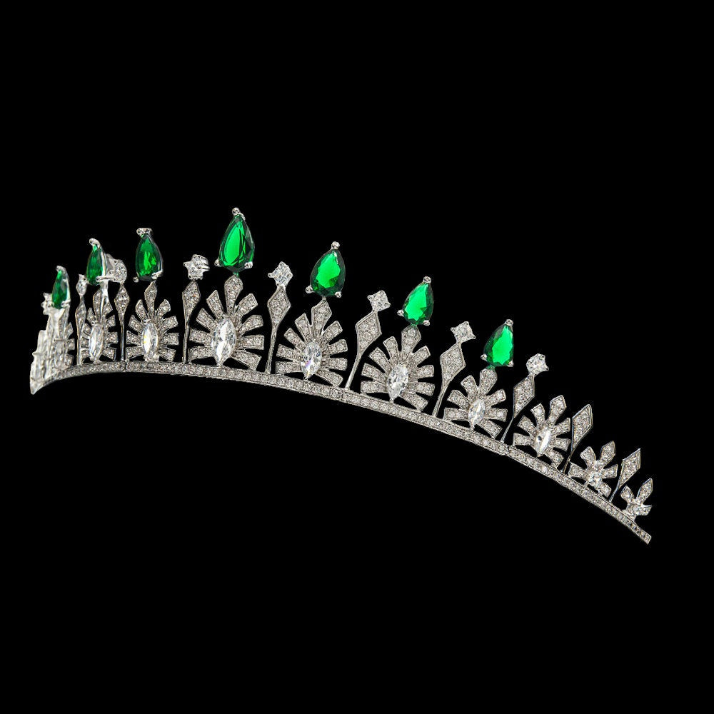 Princess Sofia's Palmette Royal Bridal Tiara Sweden Crown Jewels Luxury Wedding Crown Ultra-Reflective 5A CZ Simulated Diamonds Green Stones