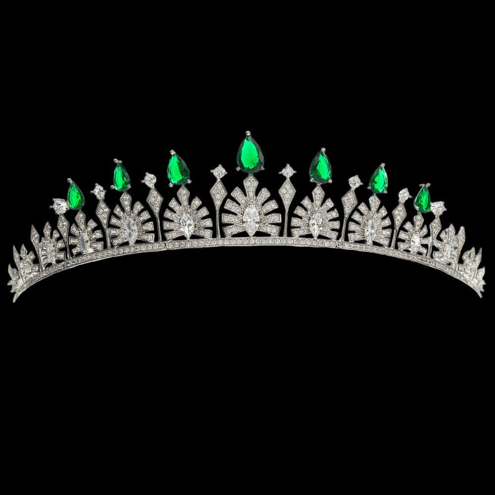 Princess Sofia's Palmette Royal Bridal Tiara Sweden Crown Jewels Luxury Wedding Crown Ultra-Reflective 5A CZ Simulated Diamonds Green Stones