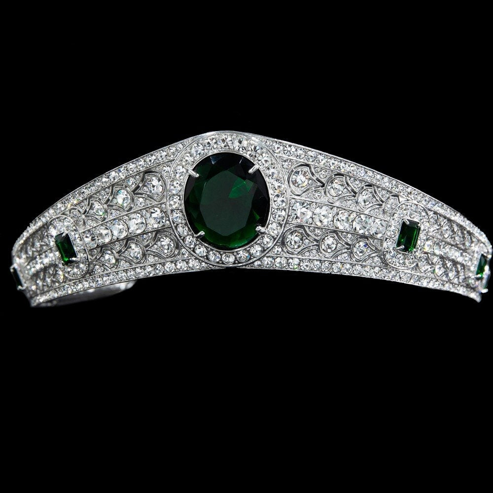 Wedding Crown Ultra-Reflective The Greville Emerald Kokoshnik Princess Eugenie Royal Bridal Tiara Emerald Luxury 5A CZ Simulated Diamonds