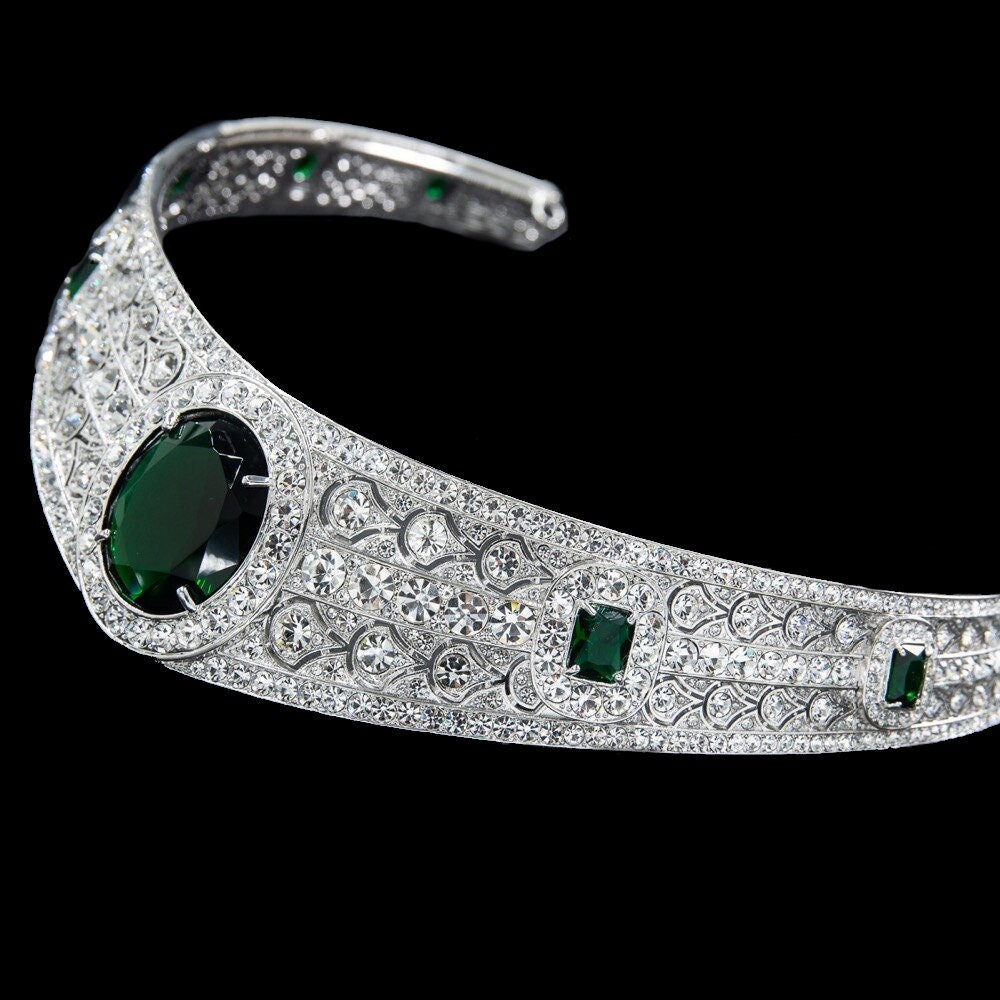 Wedding Crown Ultra-Reflective The Greville Emerald Kokoshnik Princess Eugenie Royal Bridal Tiara Emerald Luxury 5A CZ Simulated Diamonds