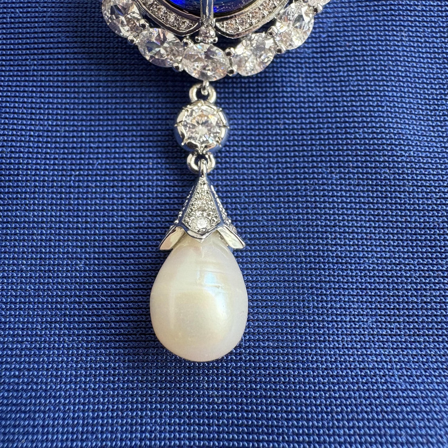 Empress Feodorovna Sapphire Brooch Queen Elizabeth II Cubic Zirconia 14K White Gold P. Freshwater Drop Pearl Blue Pin Diamond Royal Jewelery