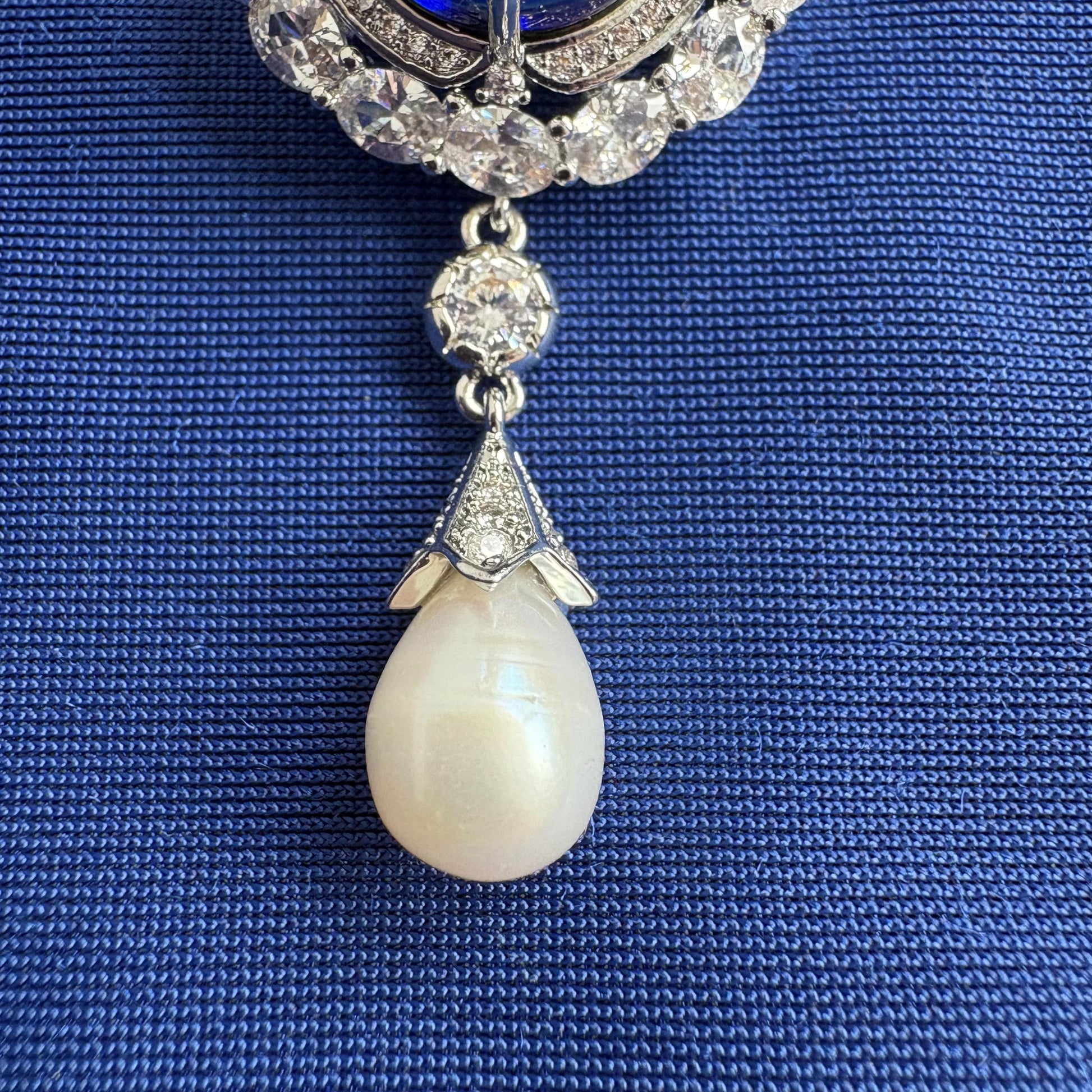 Empress Feodorovna Sapphire Brooch Queen Elizabeth II Cubic Zirconia 14K White Gold P. Freshwater Drop Pearl Blue Pin Diamond Royal Jewelery