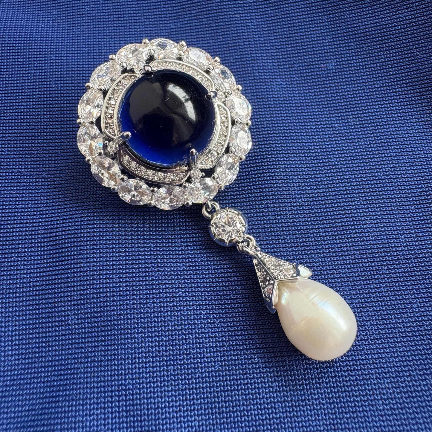 Something Blue Sapphire Classic Brooch Blue Gemstone Cubic Zirconia 14K White Gold P. Freshwater Drop Pearl Brooch Blue Diamond Bridal Pin