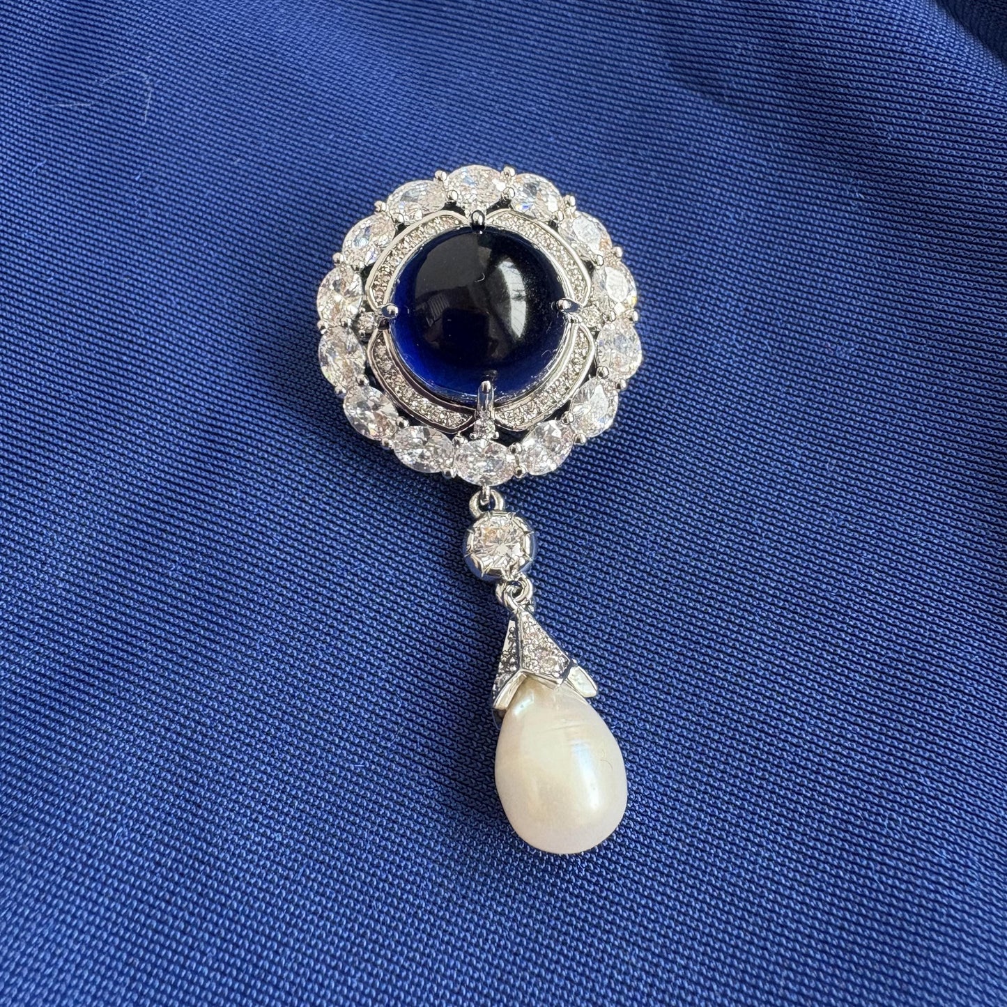 Empress Feodorovna Sapphire Brooch Queen Elizabeth II Cubic Zirconia 14K White Gold P. Freshwater Drop Pearl Blue Pin Diamond Royal Jewelery