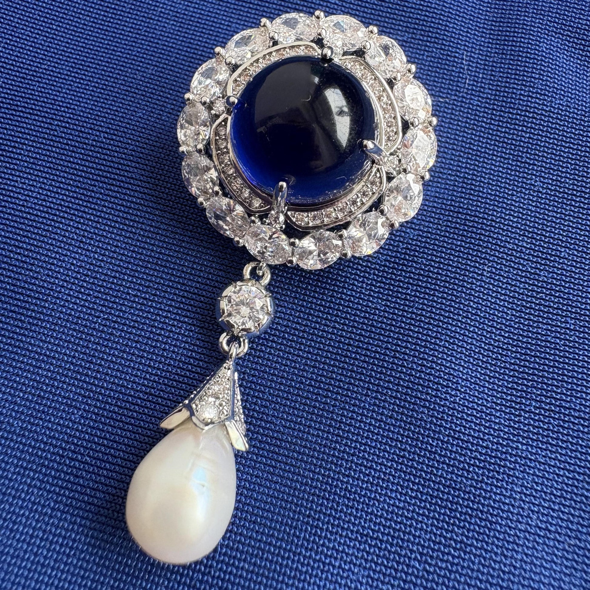Something Blue Sapphire Classic Brooch Blue Gemstone Cubic Zirconia 14K White Gold P. Freshwater Drop Pearl Brooch Blue Diamond Bridal Pin