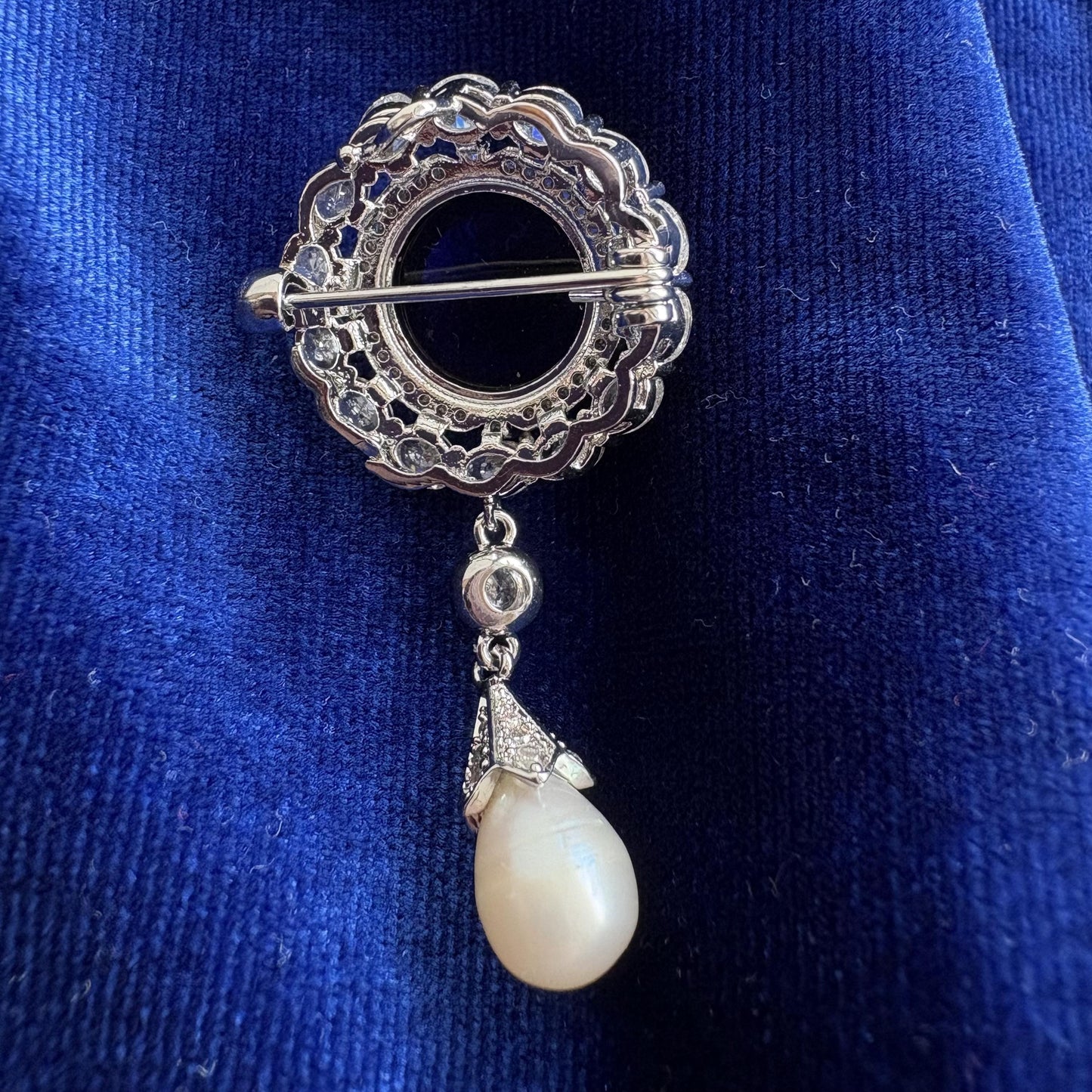 Empress Feodorovna Sapphire Brooch Queen Elizabeth II Cubic Zirconia 14K White Gold P. Freshwater Drop Pearl Blue Pin Diamond Royal Jewelery