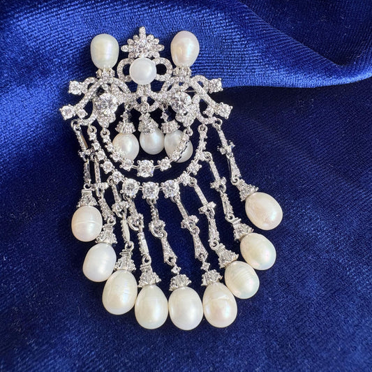 Queen Olga's Pearl Brooch Queen Elizabeth II British Royal Jewelry Luxury CZ 14k White Gold Freshwater Pearl Victorian Elegant Dangling Pin