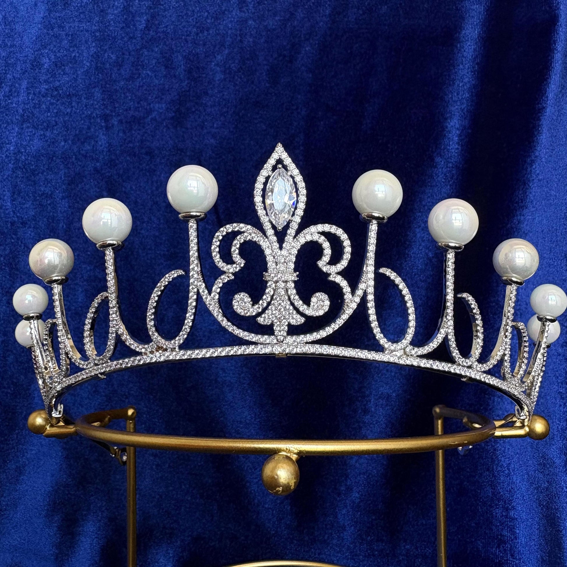 Queen Letizia of Spain Pearl Fleur de Lys Tiara, silver bridal tiara, wedding crown with pearl, royal jewels, royal crown replicas