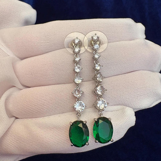 Emerald Green Prom Earrings CZ Diamond Simualted Long Drop Dangle Square Tennis 925 Sterling Silver Classic Style Green Earrings