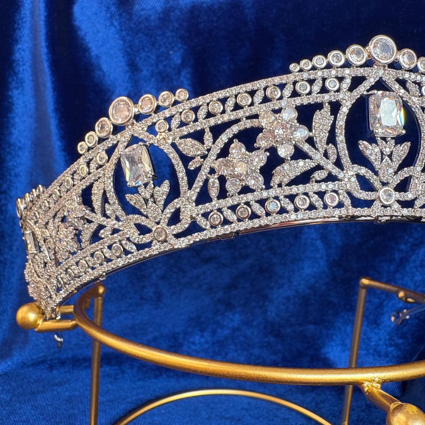 The Harcourt Diamond Tiara Royal Wedding Crown Victorian Simulated Diamond CZ Bridal Headpiece Floral Vintage Princess Style Dainty Glamour