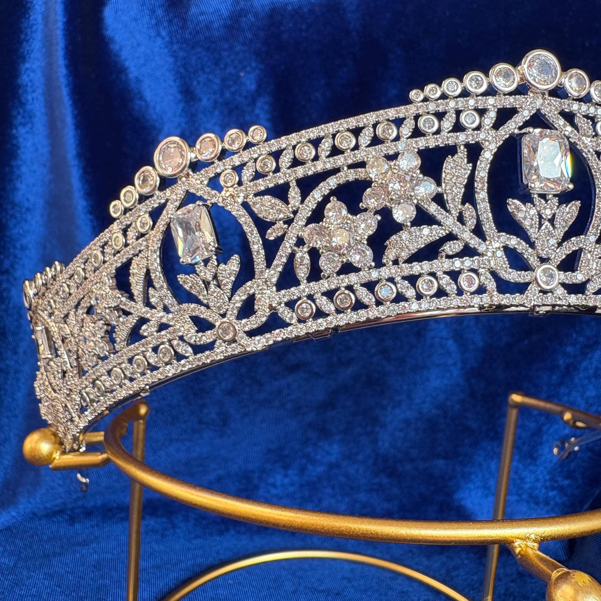 The Harcourt Diamond Tiara Royal Wedding Crown Victorian Simulated Diamond CZ Bridal Headpiece Floral Vintage Princess Style Dainty Glamour