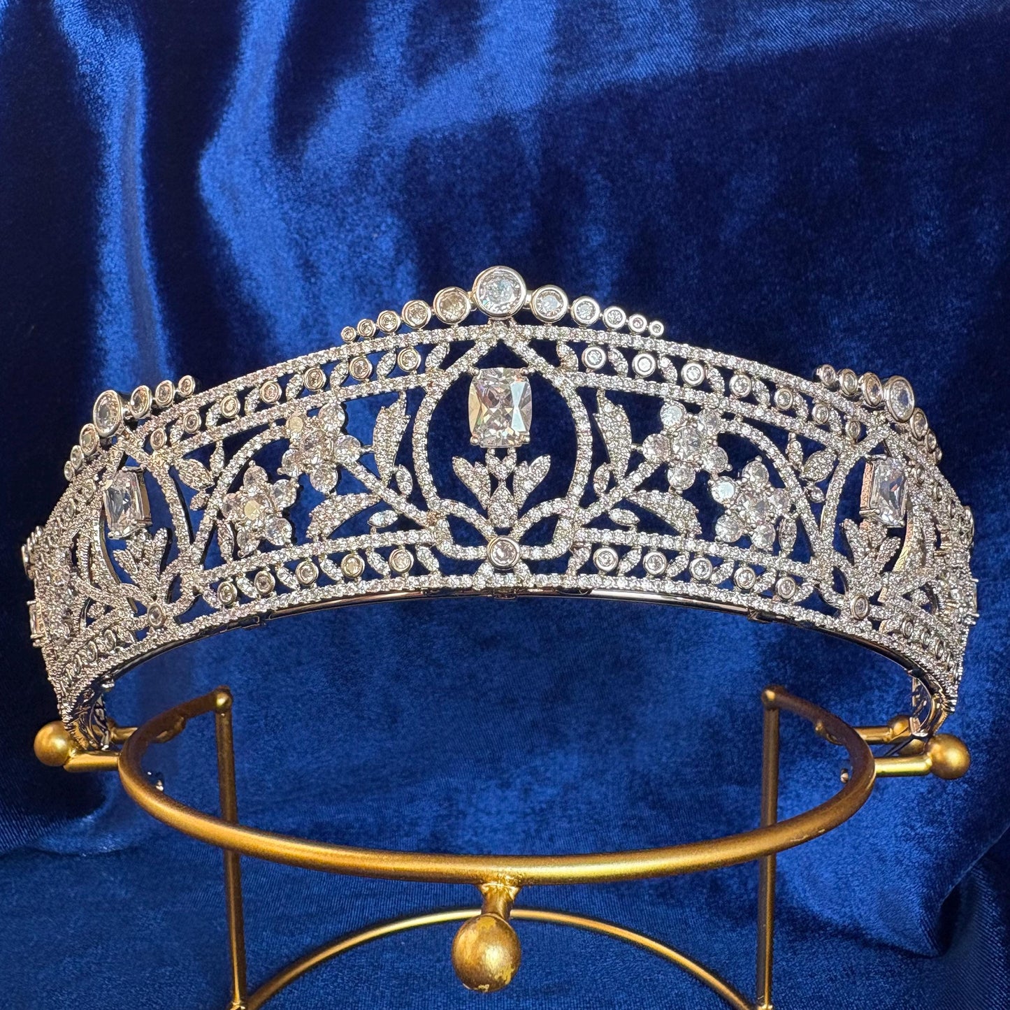 The Harcourt Diamond Tiara Royal Wedding Crown Victorian Simulated Diamond CZ Bridal Headpiece Floral Vintage Princess Style Dainty Glamour