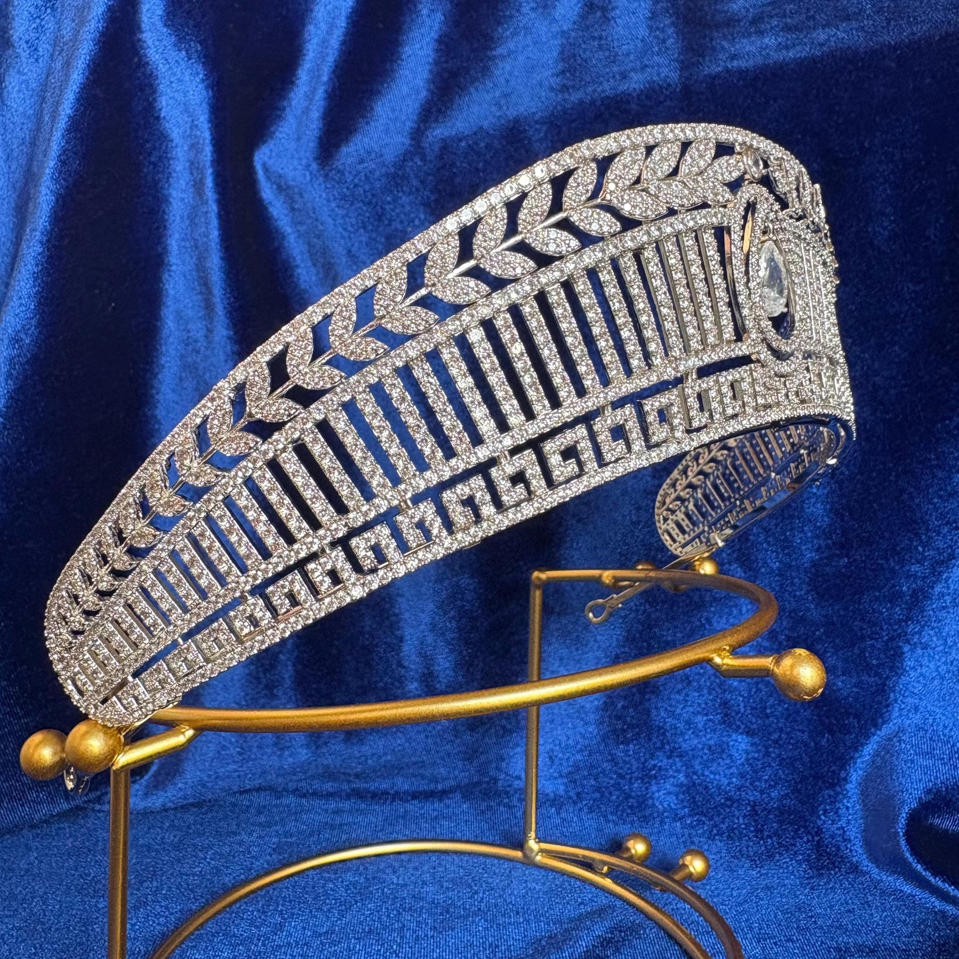 Antique Greek Style Diadem Wedding Crown Dangle Drop CZ Simulated Diamond Leaf Greek Modern Geometrical Detailed Crown