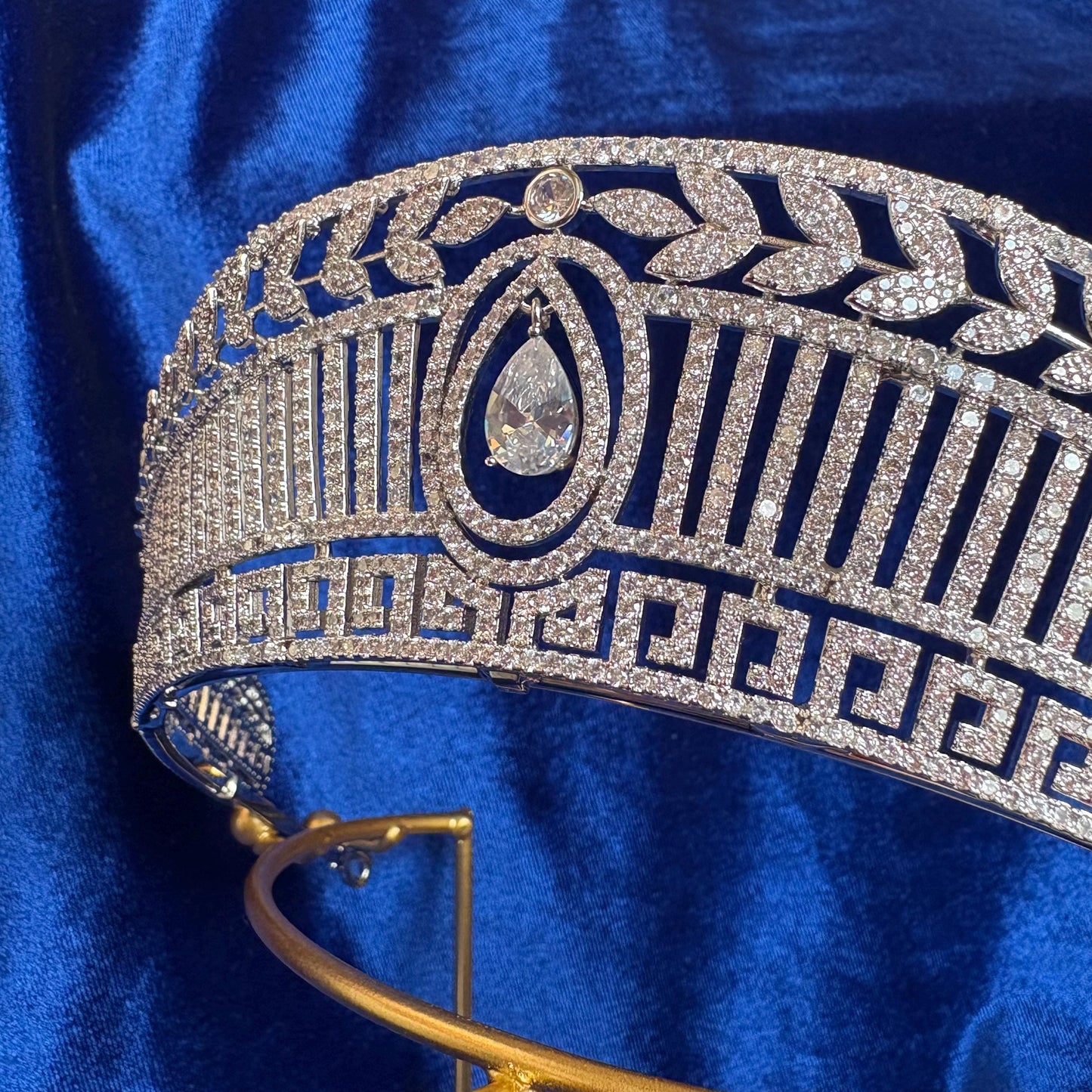 Greek Modern Geometrical Art Deco Style Wedding Crown Diamond Royal Tiara Dangle Drop CZ Simulated Diamond Leaf Diadem