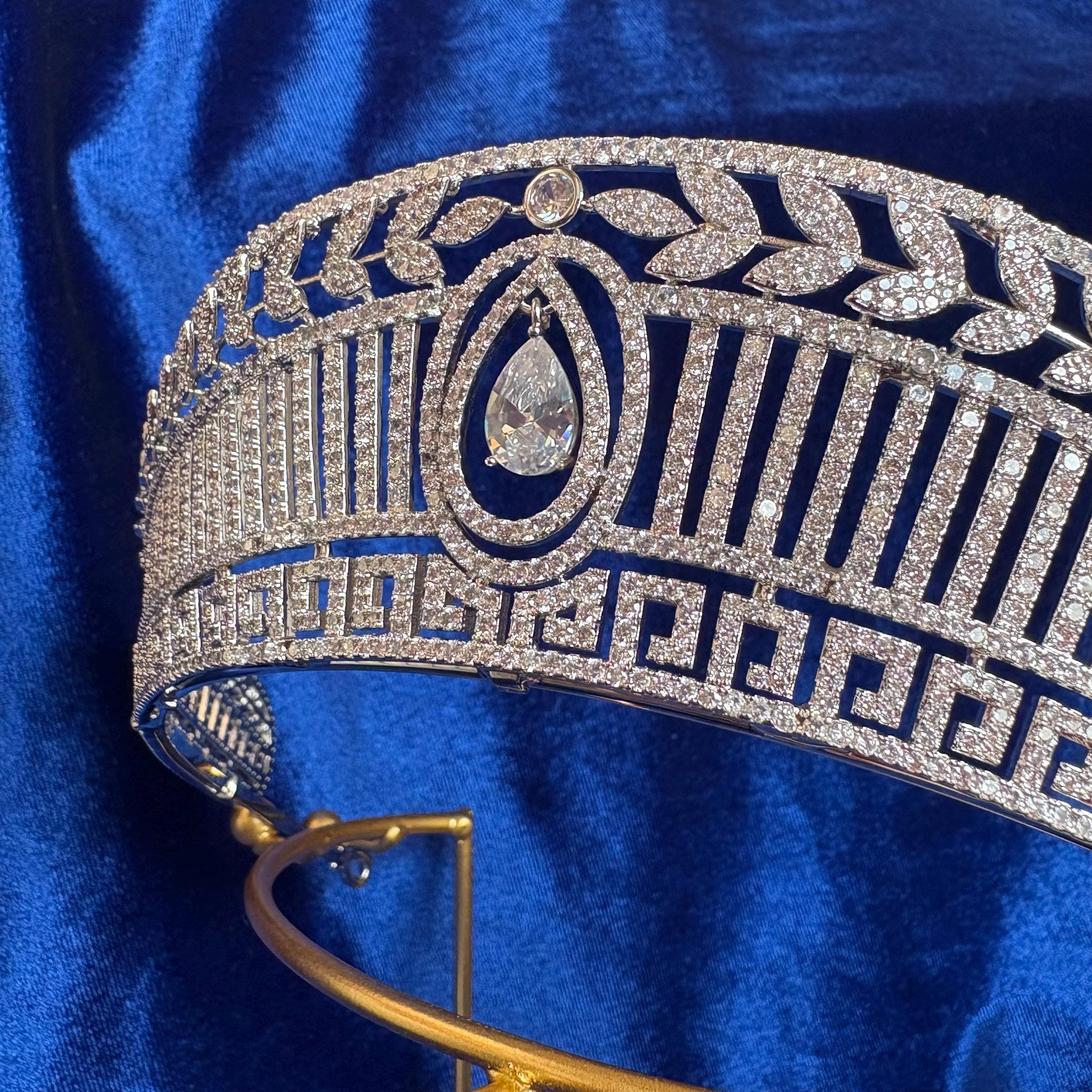 Greek Modern Geometrical Art Deco Style Wedding Crown Diamond Royal Tiara Dangle Drop CZ Simulated Diamond Leaf Diadem