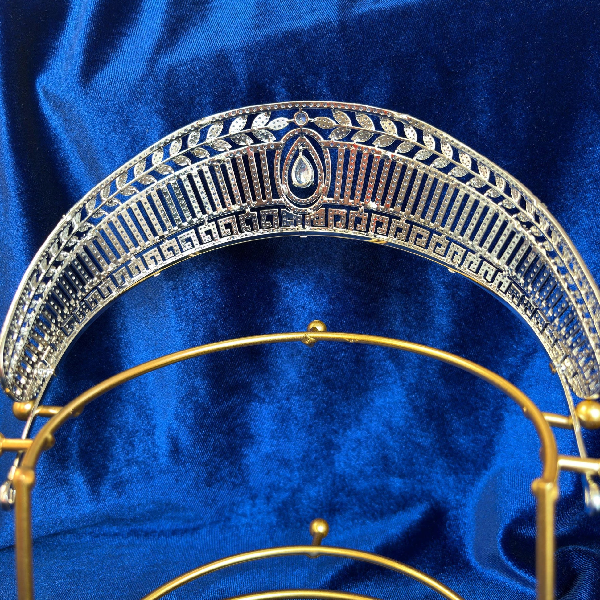 Antique Greek Style Diadem Wedding Crown Dangle Drop CZ Simulated Diamond Leaf Greek Modern Geometrical Detailed Crown