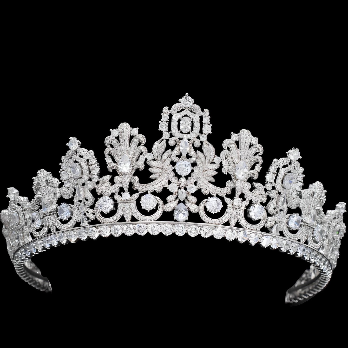 The Luxembourg Empire Tiara Large Big Royal Wedding Crown Luxury Simulated Diamond CZ Crystal Silver Vintg Bridal Headpiece Princess Diadem