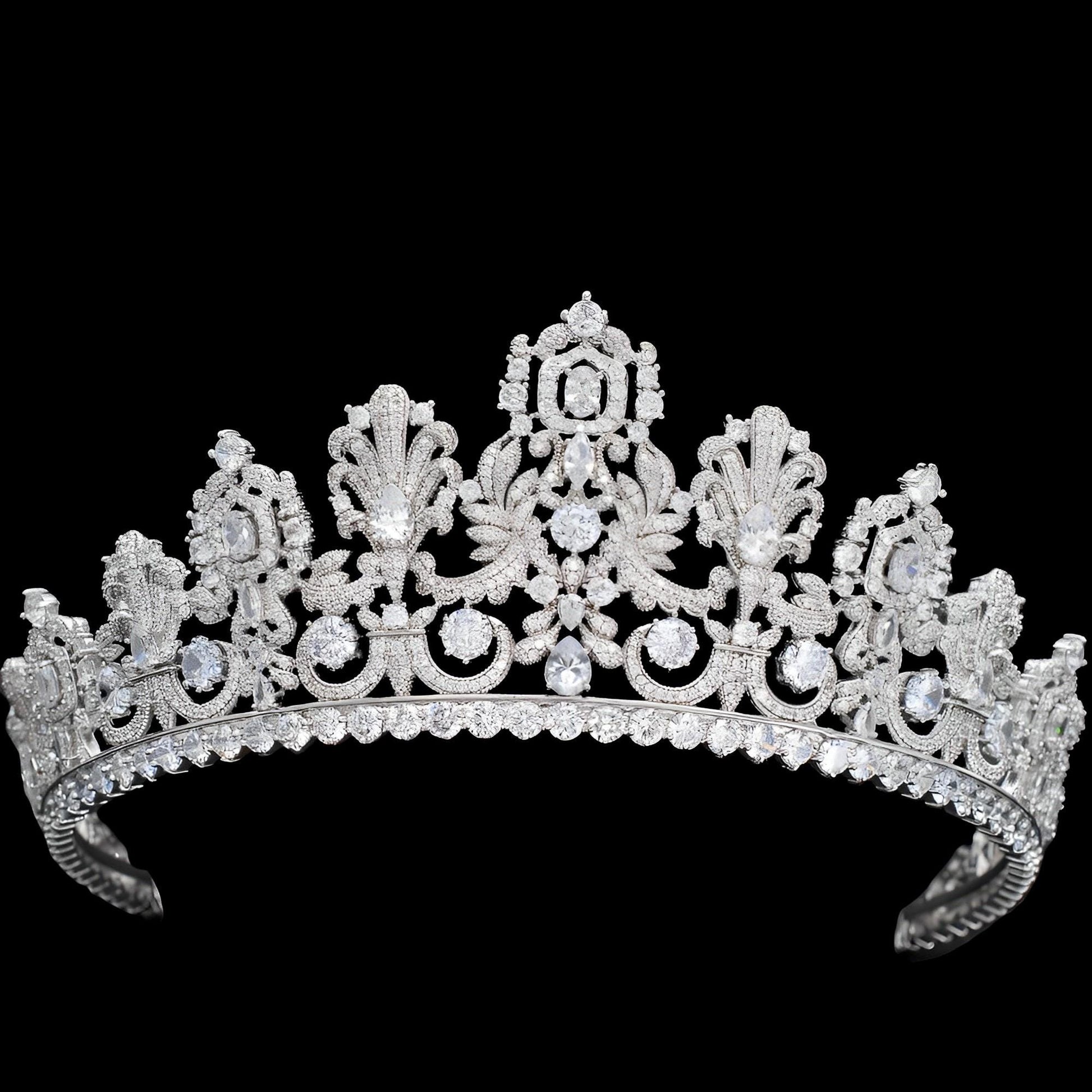 The Luxembourg Empire Tiara Large Big Royal Wedding Crown Luxury Simulated Diamond CZ Crystal Silver Vintg Bridal Headpiece Princess Diadem