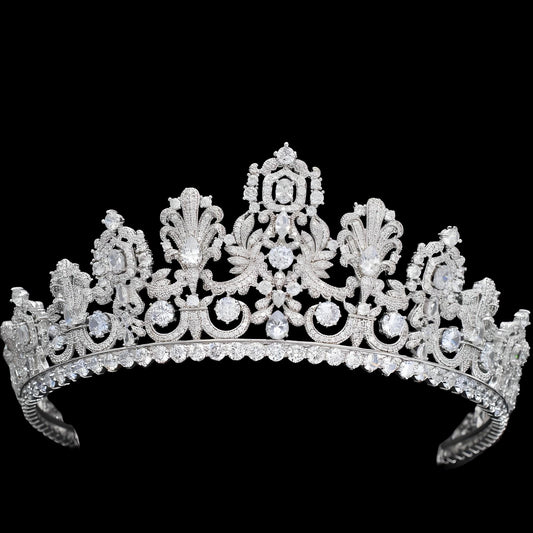 The Luxembourg Empire Tiara Large Big Royal Wedding Crown Luxury Simulated Diamond CZ Crystal Silver Vintg Bridal Headpiece Princess Diadem