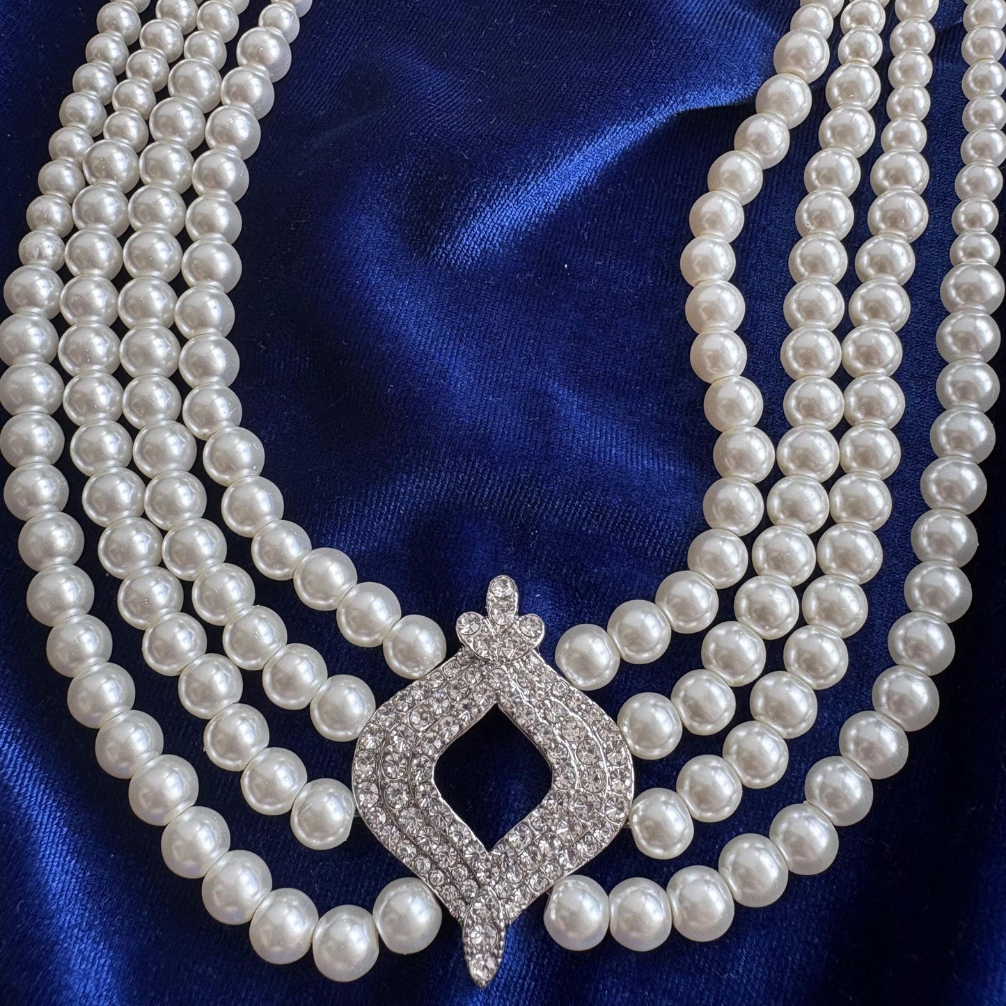 Elegant 4 Multi Strand Pearl Choker Necklace with CZ Cirzonia Statement Clasp Vintage Inspired Royal Baroque Style Wedding Bridal Jewelry