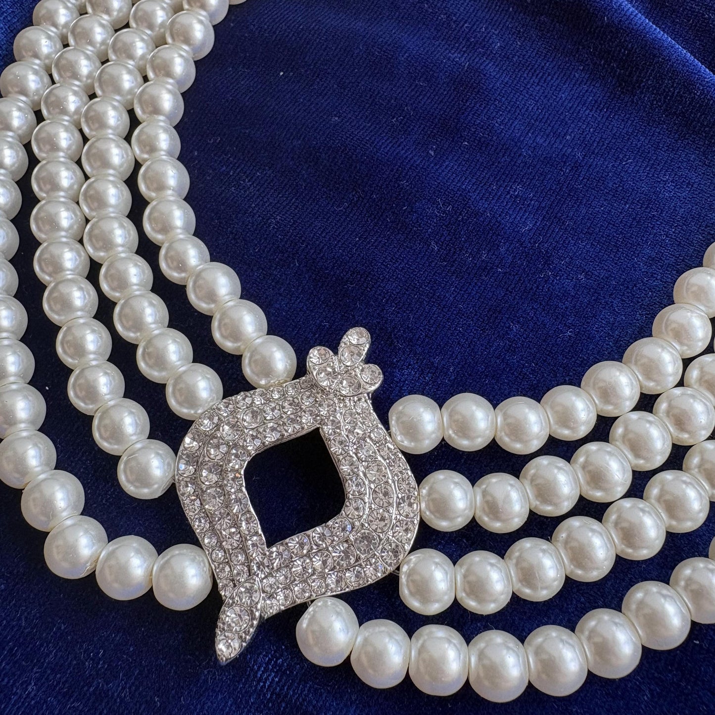 Elegant 4 Multi Strand Pearl Choker Necklace with CZ Cirzonia Statement Clasp Vintage Inspired Royal Baroque Style Wedding Bridal Jewelry