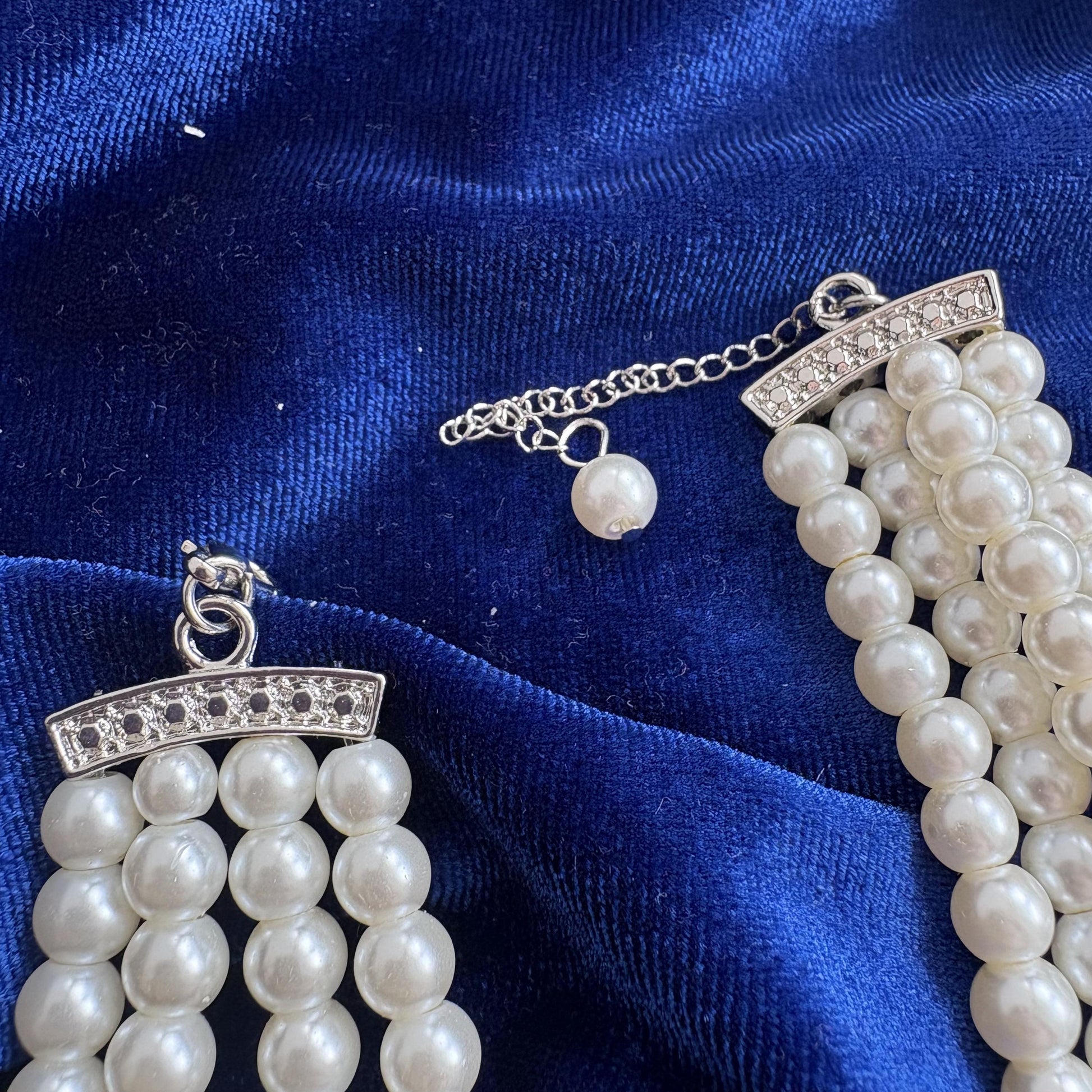 Elegant 4 Multi Strand Pearl Choker Necklace with CZ Cirzonia Statement Clasp Vintage Inspired Royal Baroque Style Wedding Bridal Jewelry