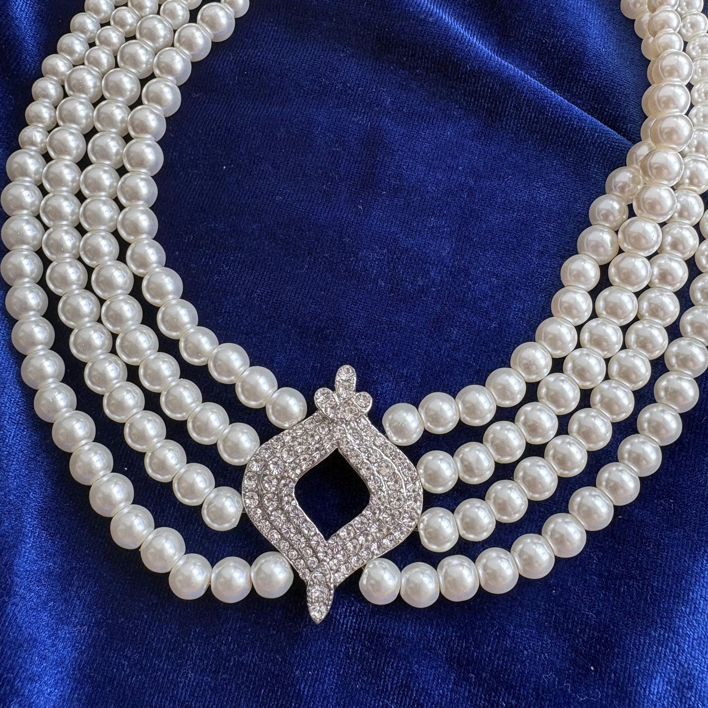 Elegant 4 Multi Strand Pearl Choker Necklace with CZ Cirzonia Statement Clasp Vintage Inspired Royal Baroque Style Wedding Bridal Jewelry