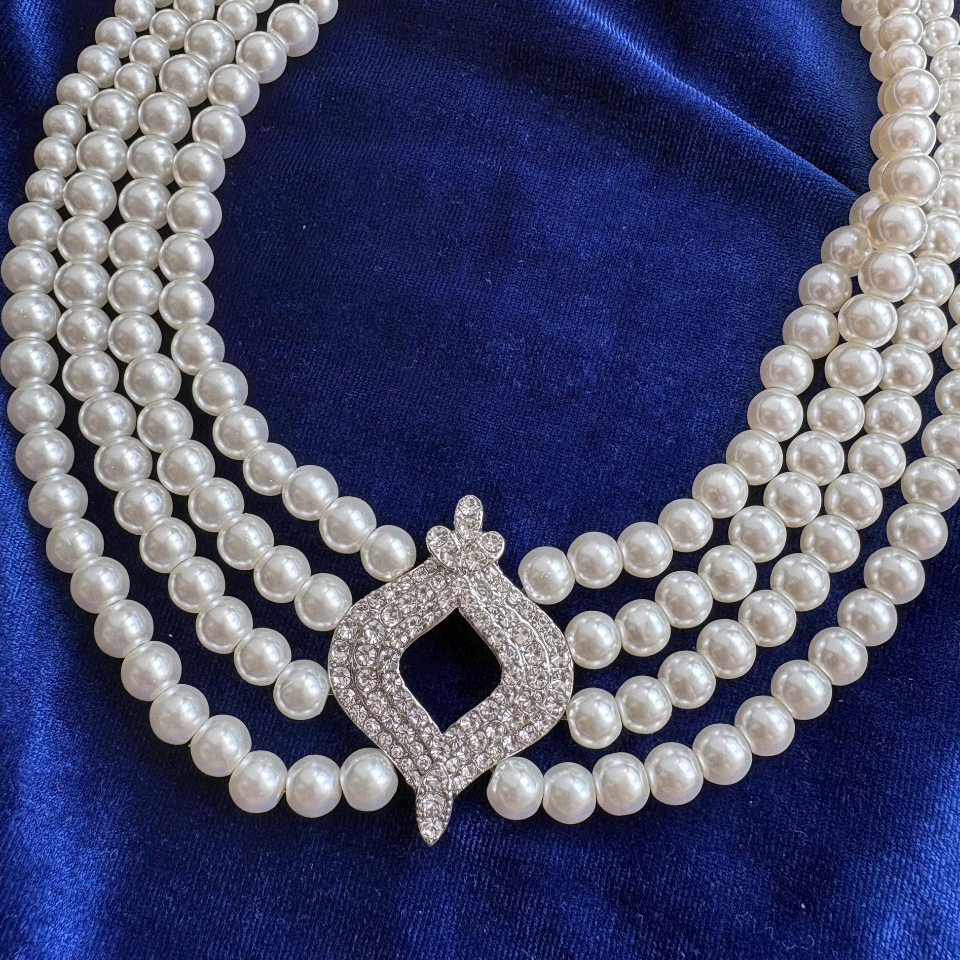 Elegant 4 Multi Strand Pearl Choker Necklace with CZ Cirzonia Statement Clasp Vintage Inspired Royal Baroque Style Wedding Bridal Jewelry