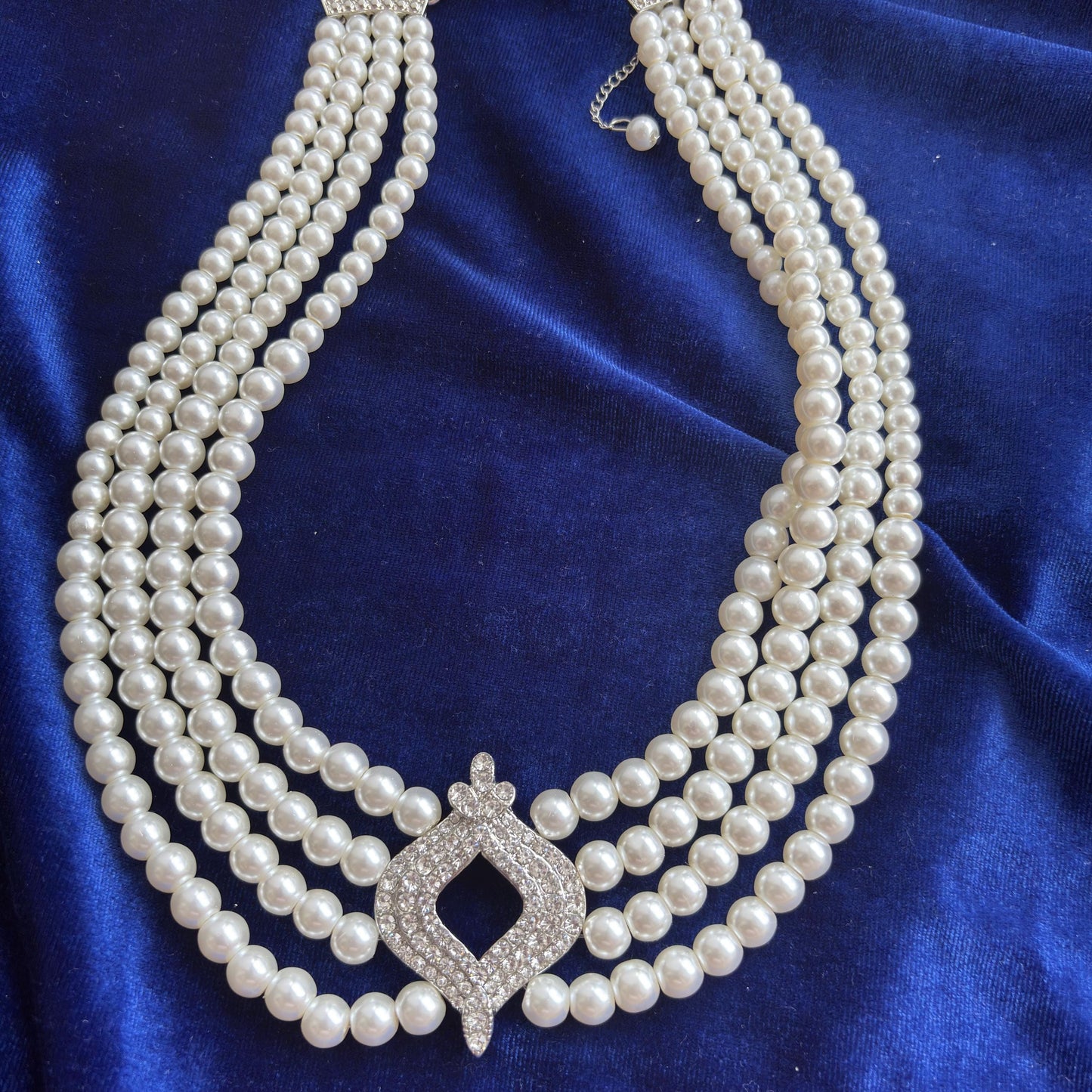 Elegant 4 Multi Strand Pearl Choker Necklace with CZ Cirzonia Statement Clasp Vintage Inspired Royal Baroque Style Wedding Bridal Jewelry