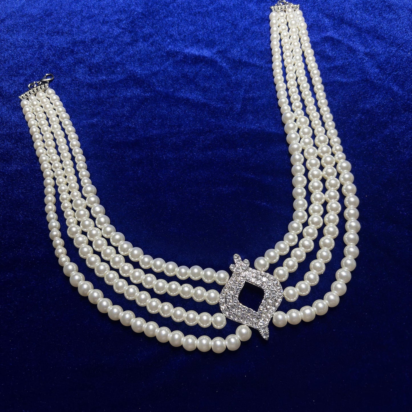 Elegant 4 Multi Strand Pearl Choker Necklace with CZ Cirzonia Statement Clasp Vintage Inspired Royal Baroque Style Wedding Bridal Jewelry