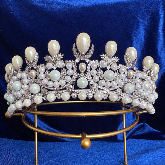 Empress Eugenie's Pearl Royal Tiara Princess Queen Baroque Vintage Style Wedding Crown Full CZ Victorian Regal Handcrafted Bridal Diadem