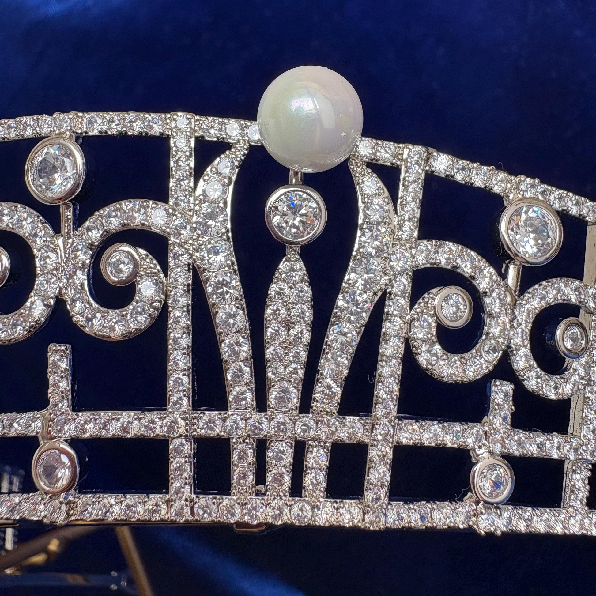 Art Deco Style Wedding Crown Princess Claire Pearl & Diamond Royal Tiara Queen Headpiece Handmade CZ Bridal Diadem Minimalist Regal Vintage