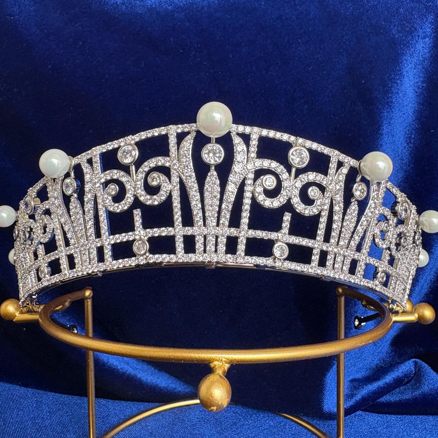 Art Deco Style Wedding Crown Princess Claire Pearl & Diamond Royal Tiara Queen Headpiece Handmade CZ Bridal Diadem Minimalist Regal Vintage