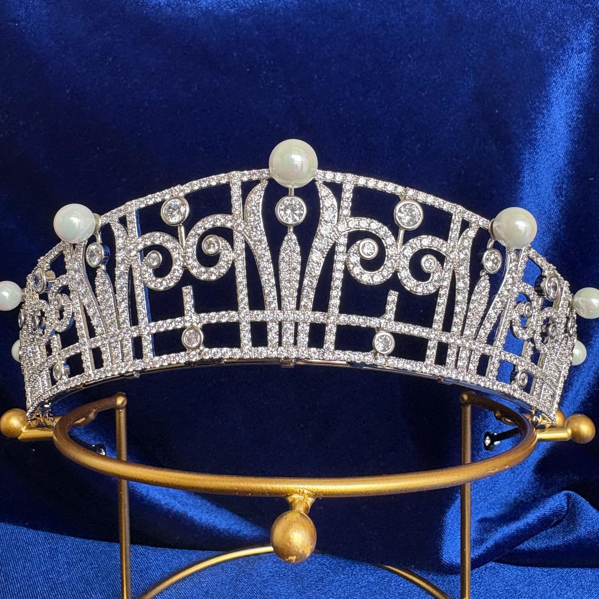 Art Deco Style Wedding Crown Princess Claire Pearl & Diamond Royal Tiara Queen Headpiece Handmade CZ Bridal Diadem Minimalist Regal Vintage