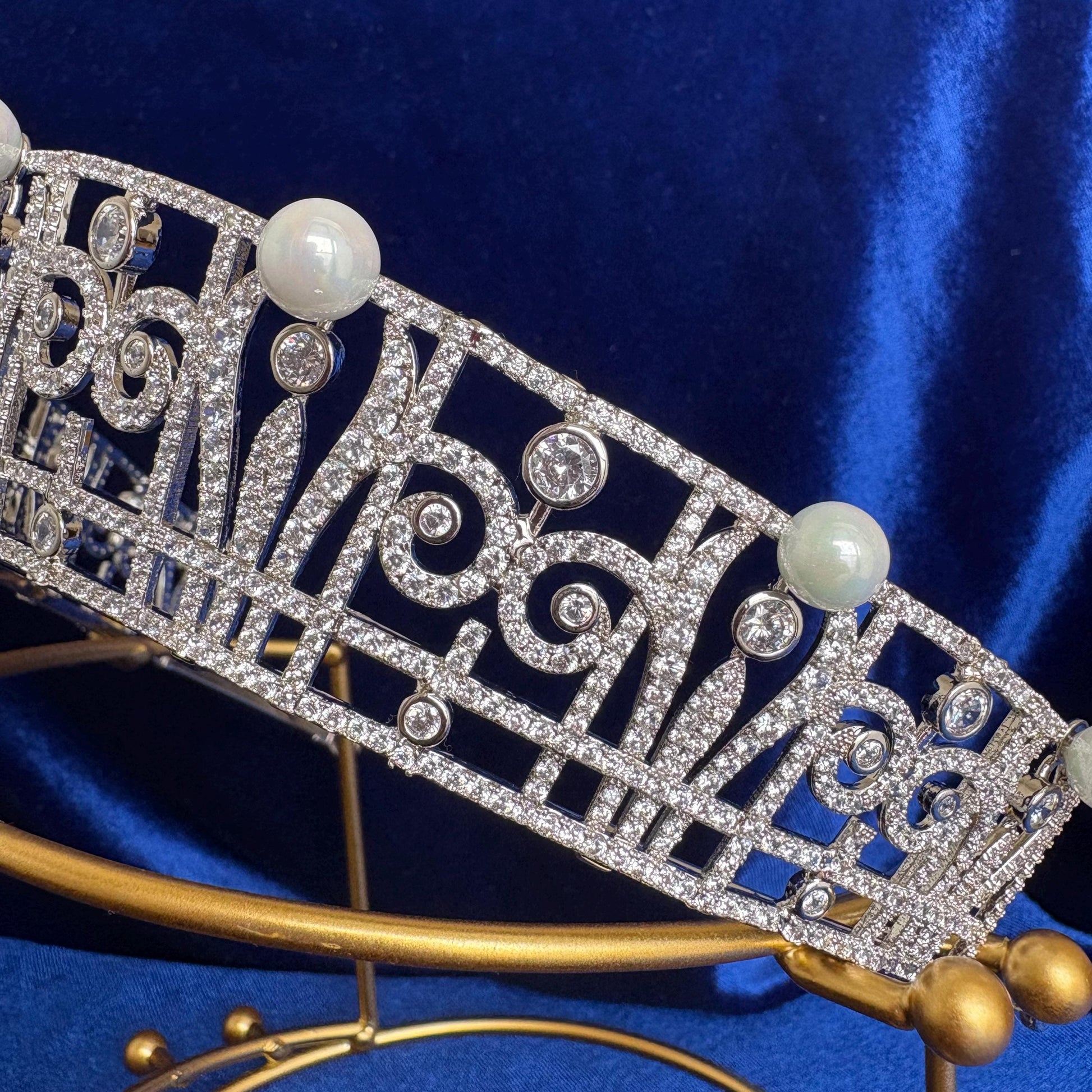 Art Deco Style Wedding Crown Princess Claire Pearl & Diamond Royal Tiara Queen Headpiece Handmade CZ Bridal Diadem Minimalist Regal Vintage