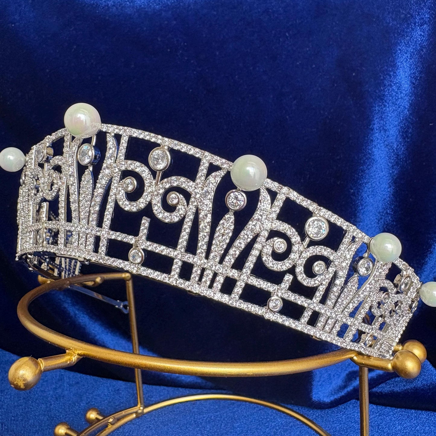 Art Deco Style Wedding Crown Princess Claire Pearl & Diamond Royal Tiara Queen Headpiece Handmade CZ Bridal Diadem Minimalist Regal Vintage