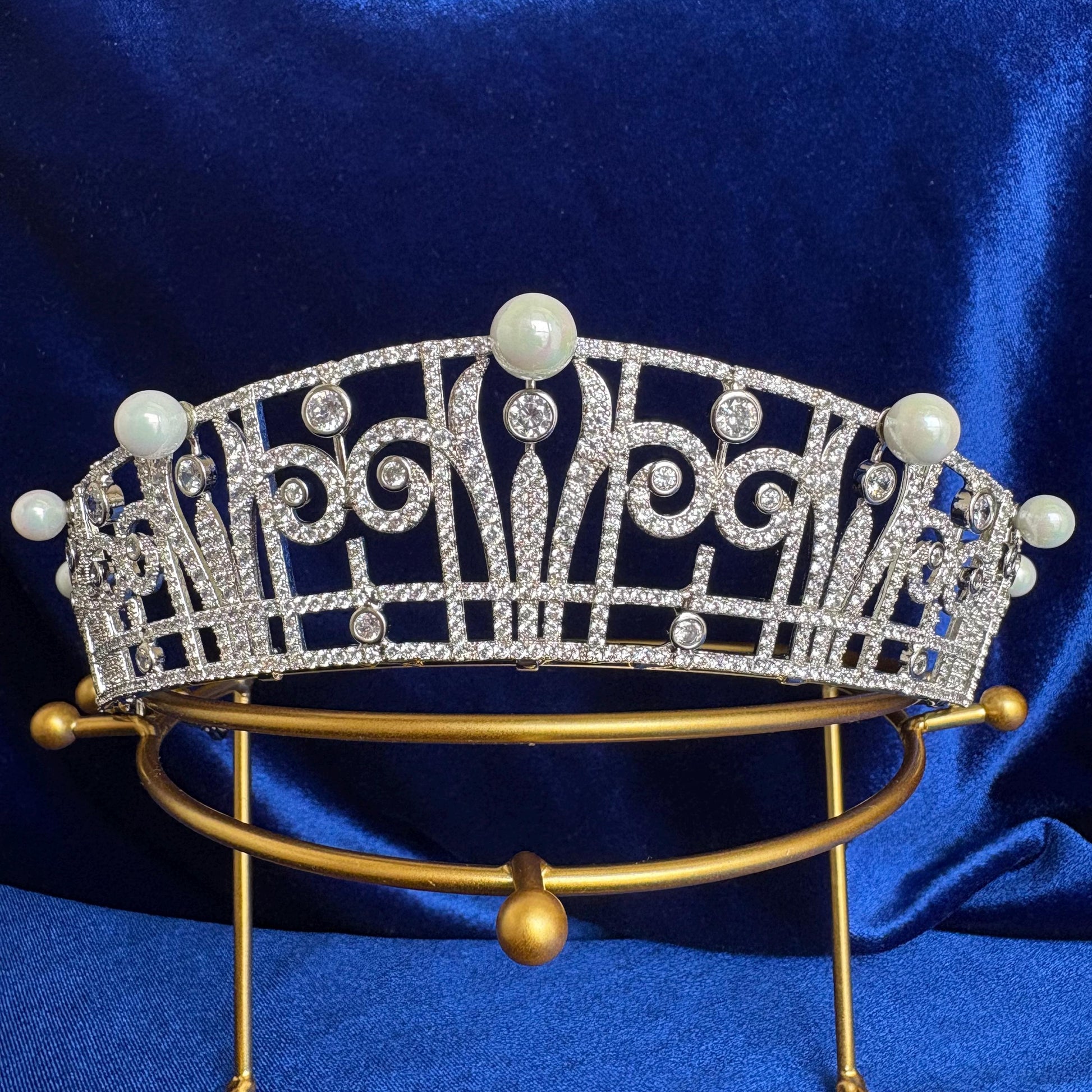 Art Deco Style Wedding Crown Princess Claire Pearl & Diamond Royal Tiara Queen Headpiece Handmade CZ Bridal Diadem Minimalist Regal Vintage