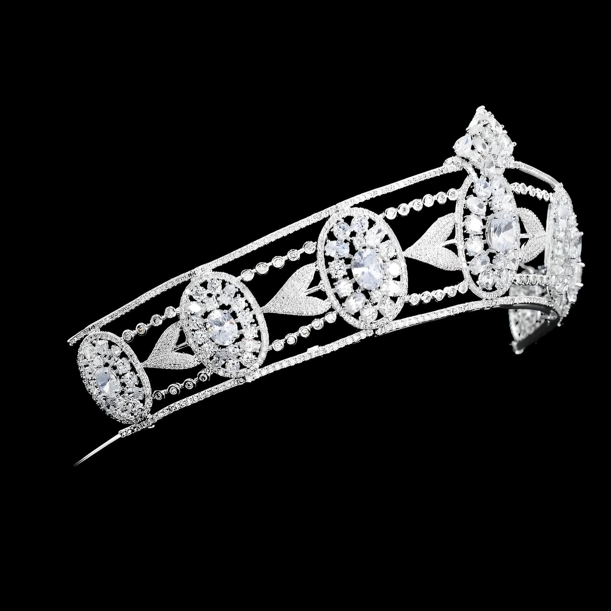 The Hesketh Royal Tiara Luxury Simulated Diamond CZ Wedding Crown Art Deco Classic Bridal Headpiece Silver Handmade Victorian Princess Style