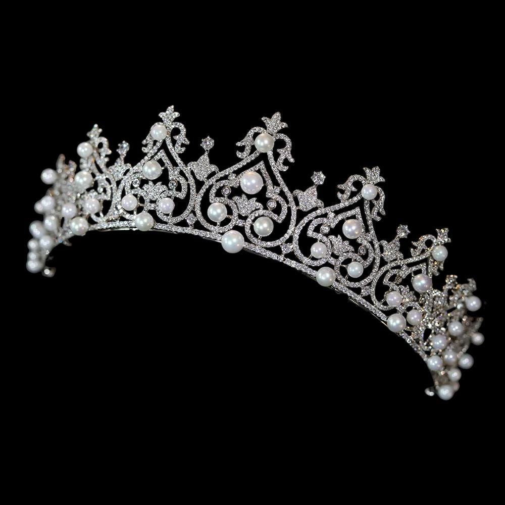 The Württemberg Ornate Pearl Tiara High Quality Wedding Crown CZ Diamond Dutch Royal Family Luxury Bridal Classic Headpiece Regal Style