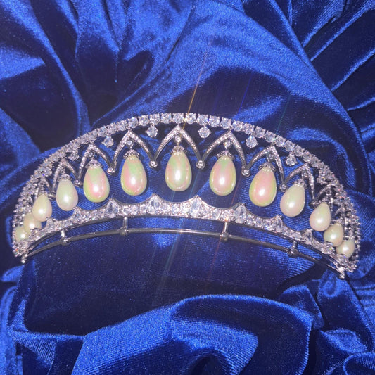 Empress Alexandra Feodorovna's Drop Pearl Tiara Luxury CZ Royal Wedding Crown Art Deco Classic Vintage Style Elegant Headpiece for Bride
