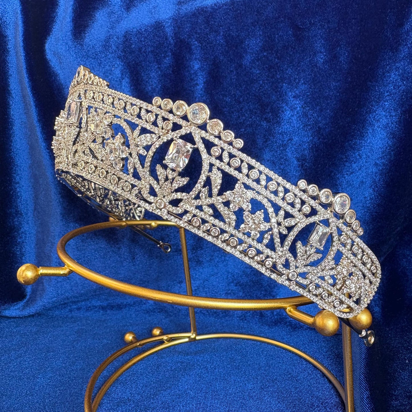 The Harcourt Diamond Tiara Royal Wedding Crown Victorian Simulated Diamond CZ Bridal Headpiece Floral Vintage Princess Style Dainty Glamour