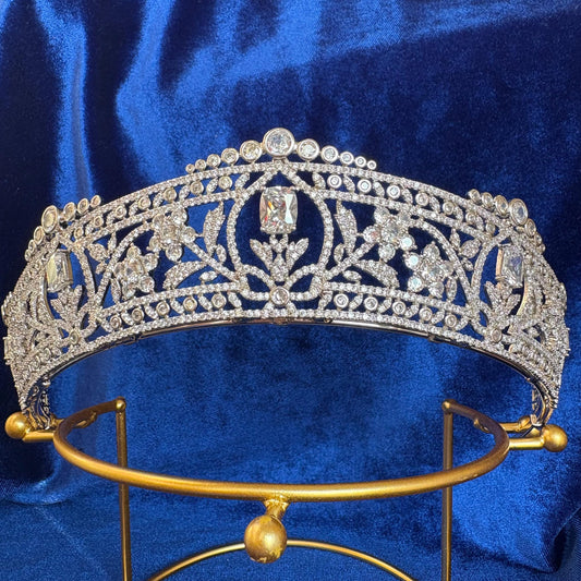 The Harcourt Diamond Tiara Royal Wedding Crown Victorian Simulated Diamond CZ Bridal Headpiece Floral Vintage Princess Style Dainty Glamour