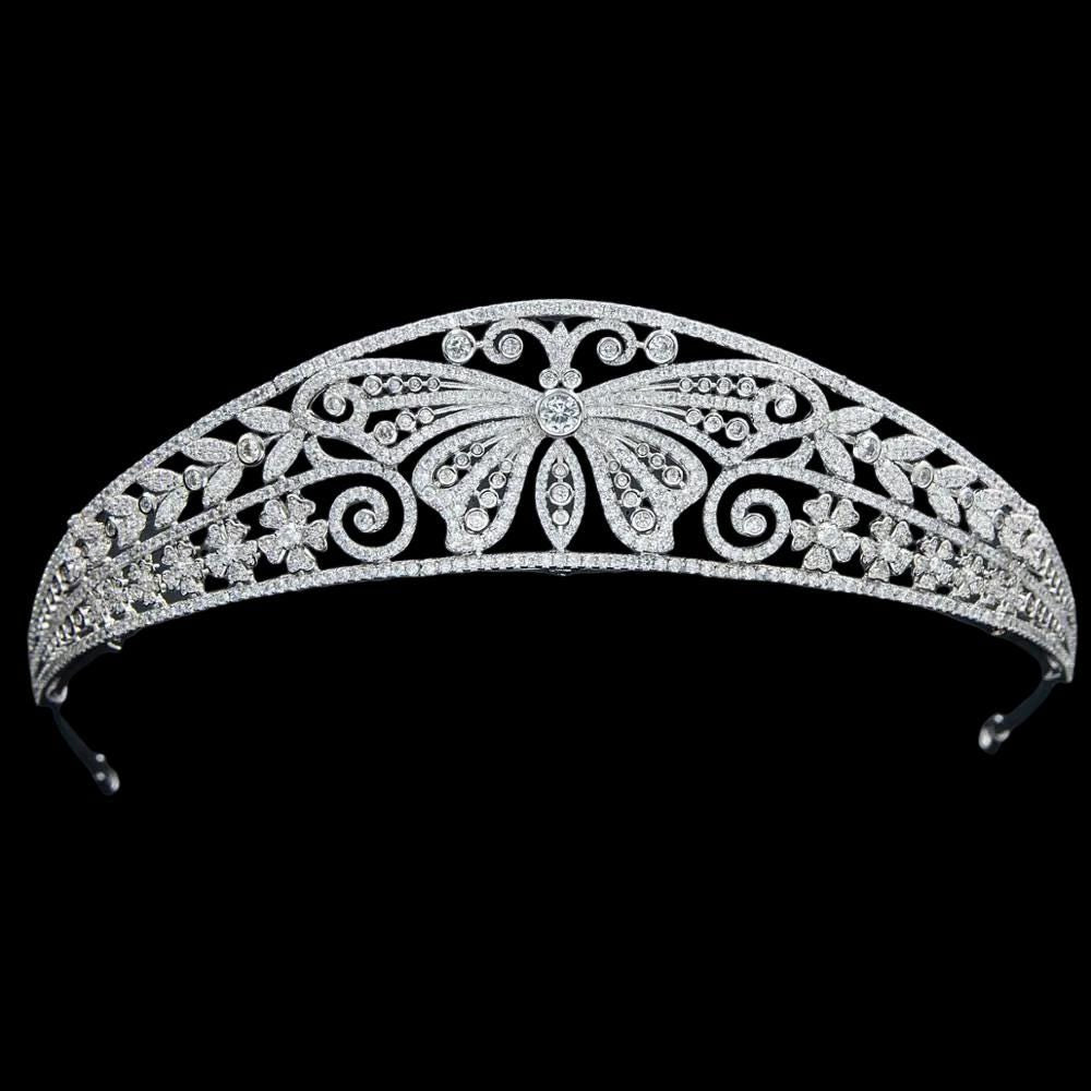 Butterfly Wedding Crown Sprign Nature Themed Bridal Tiara Scroll Dainty Elegant Minimal Style Diamond CZ Headpiece Modern Floral Details